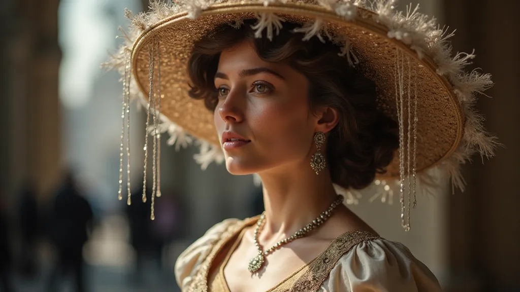 Woman in Edwardian attire with a decorated hat