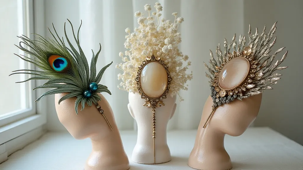 A selection of long, ornate Edwardian hat pins with elaborate designs.