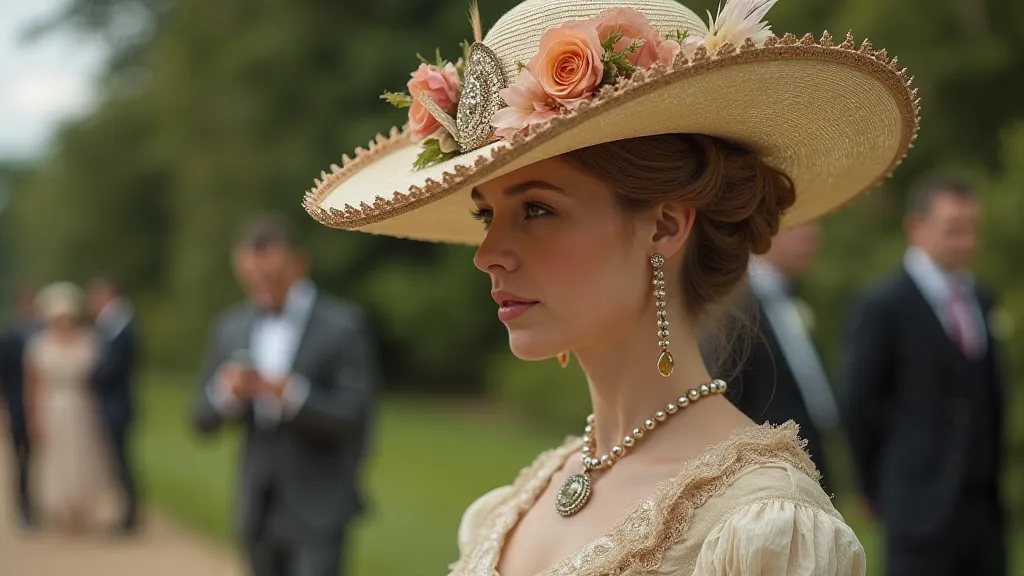 Victorian woman at a garden party with an elaborate hat and pin