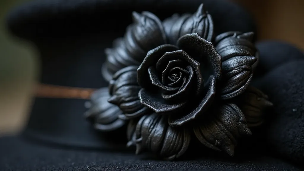 Jet Mourning Hat Pin with Black Rose