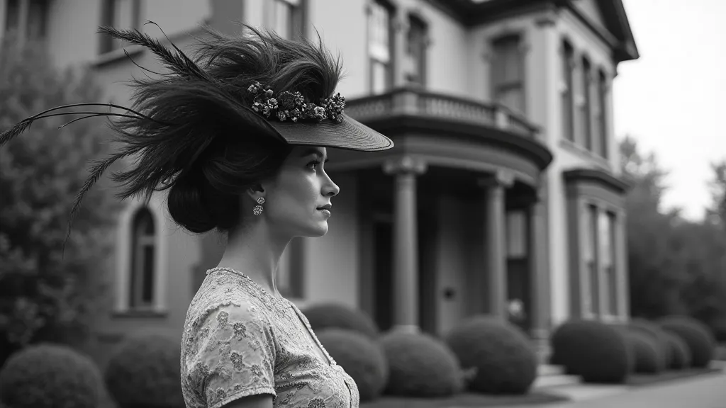 Victorian woman with a feathered hat and hat pin standing outside a Victorian home