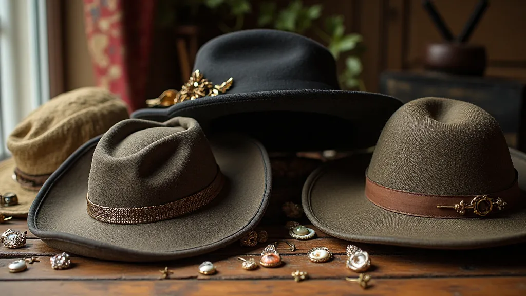 A close-up view of a collection of vintage hats and hat pins displayed in a shadow box.